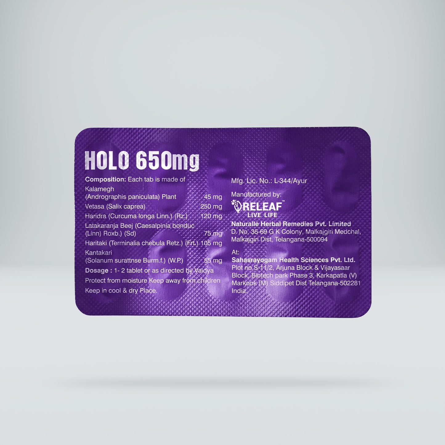 HOLO-650 for Body Pain, Fever, and Inflammation support, 100% Natural Ayurvedic Wellness Tablets, 20 Tablets – 650 mg each