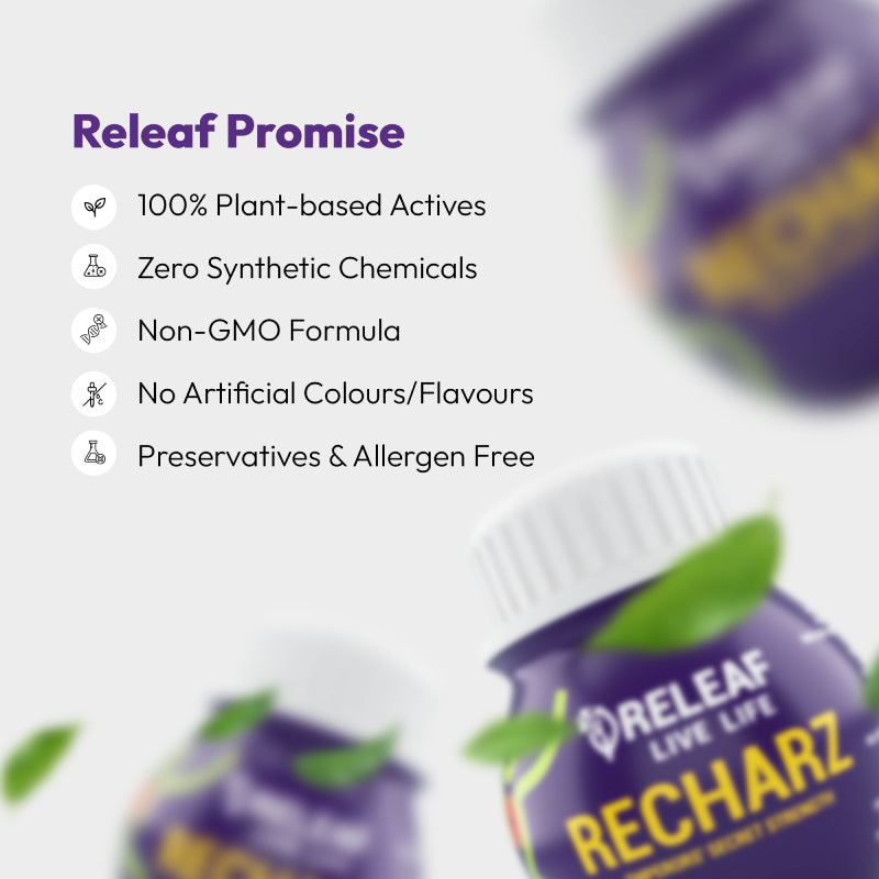 RecharZ Ayurvedic Vitality Capsules with Ashwagandha, Shilajit Extract & Saffron Extract, 30 Veg Capsules – 500mg each