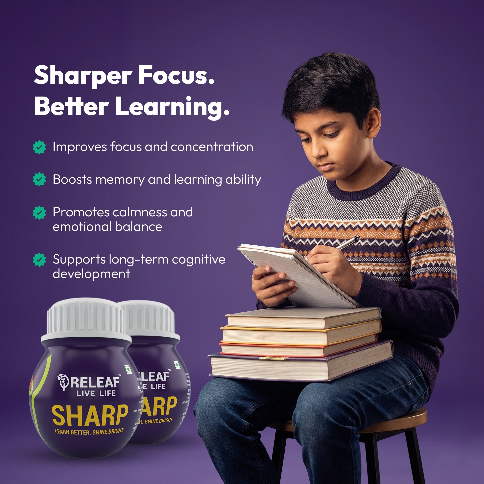 Sharp Ayurvedic Herbal Capsules with Brahmi, Ashwagandha & Kumkuma, Supports Cognitive Wellness & Focus, 60 Veg Capsules – 300 mg each